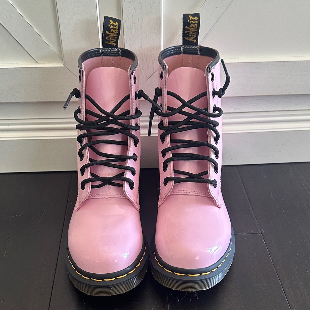 Dr. Martens Glossy Baby Pink Combat Boots - Picture 2 of 8